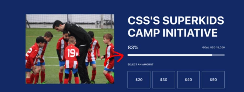 A fundraising page for "CSS's Superkids Camp Initiative." It includes a horizontal progress bar that shows it's 83% funded.