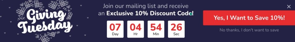 OptinMonster's Giving Tuesday floating bar template includes a "Giving Tuesday" graphic, text about joining an email list to receive a discount, a countdown timer, a button that says "Yes, I Want to Save 10%," and linked text that says "No thanks, I don't want to save."