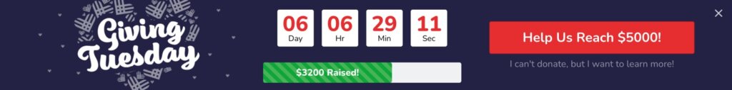 The Giving Tuesday floating bar template has been edited to have the Giving Tuesday graphic, the countdown timer, a fundraising progress bar that says "00 Raised!," a button that says "Help Us Reach 00," and linked text that says "I can't donate, but I want to learn more!"