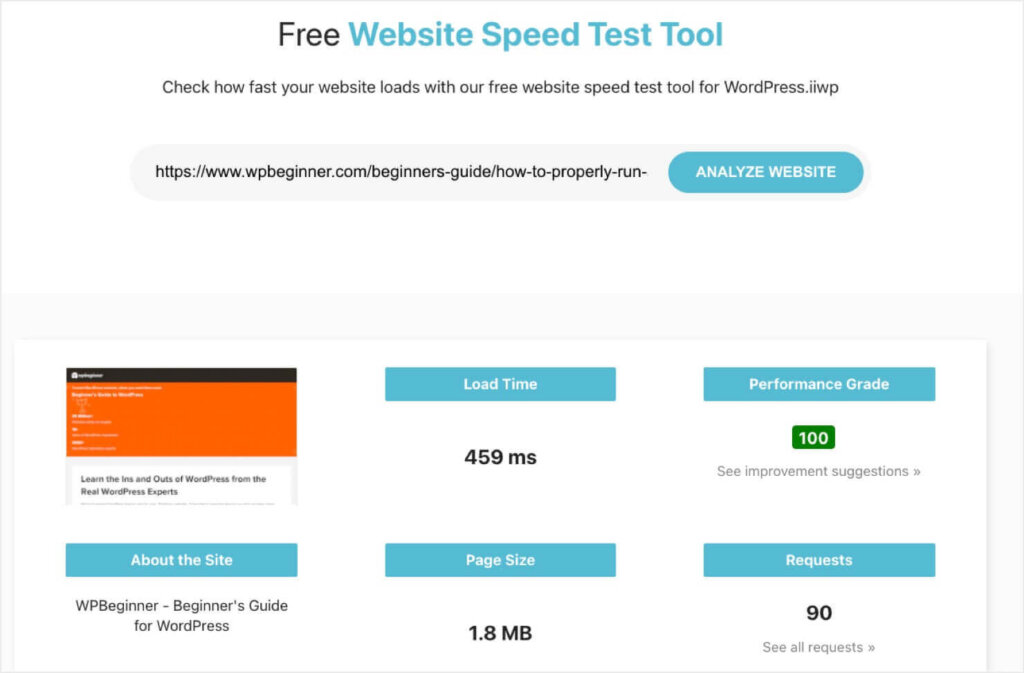 IsItWP's website Speed Test Tool shows load time, Performance grade, page size, and more info.