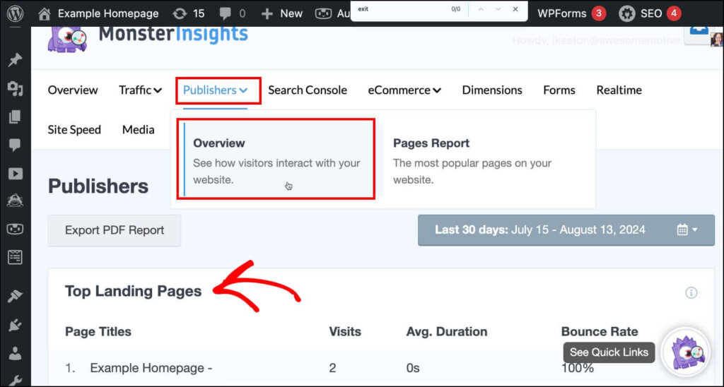 Screenshot of MonsterInsights within the WordPress Dashboard. "Publishers" and "Overview" are selected revealing a list of Top Landing Pages website metrics.