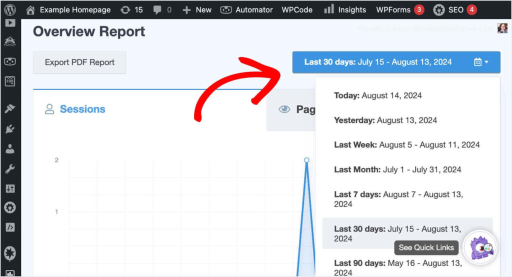 At the top of MonsterInsights' overview report, there's a dropdown menu to change the date range for your website metrics