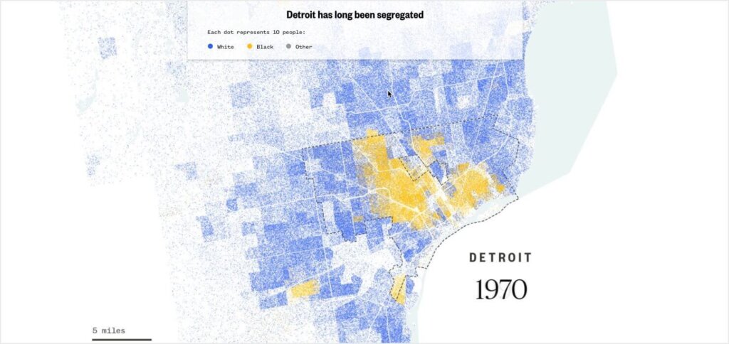 NBC News map labeled "Detroit has long been segregated." It shows the White population in blue and the Black population in yellow.