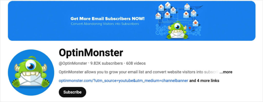 Screenshot of OptinMonster's YouTube channel, showing 9.82K subscribers.