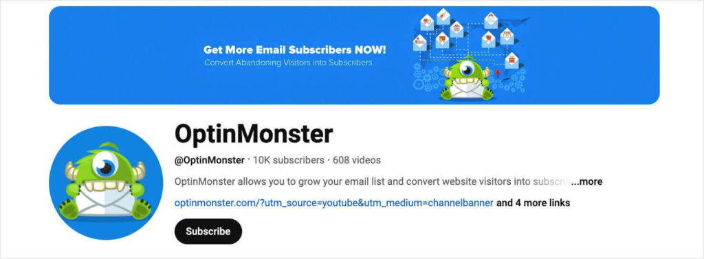 OptinMonster's YouTube page. It shows 10K subscribers and 608 videos.