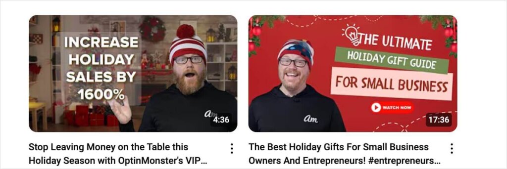 Screenshot of 2 OptinMonster YouTube holiday video thumbnails. 