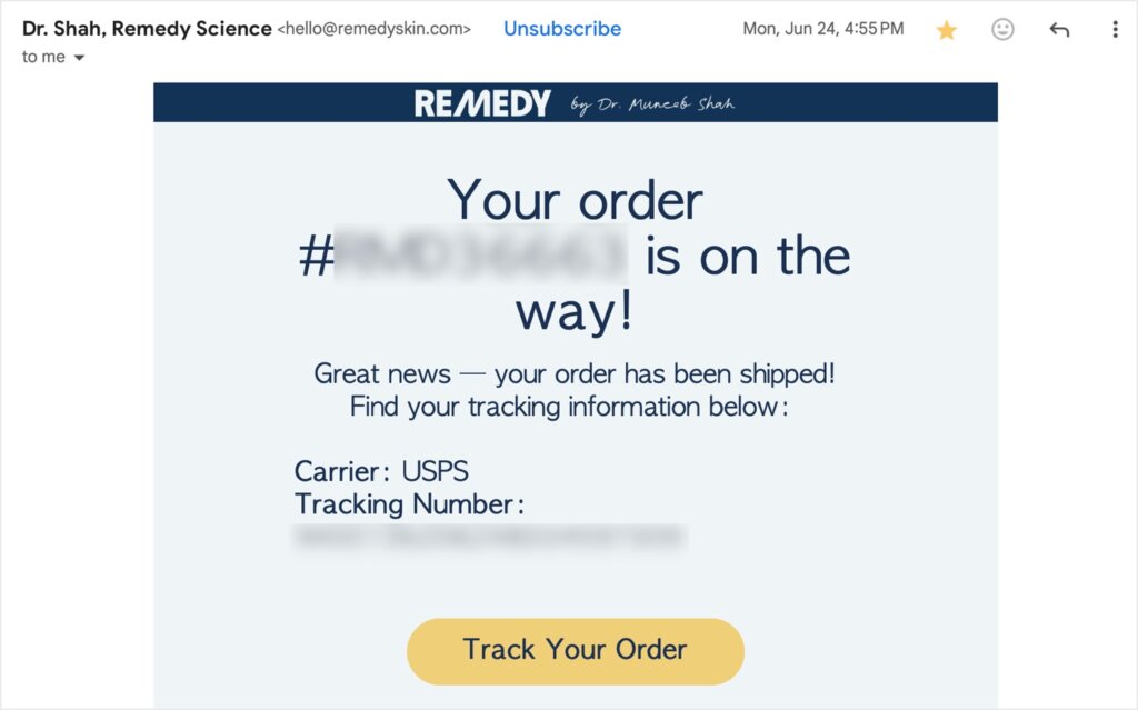 Email from Remedy skincare showing that an order has been shipped. It includes the carrier, the tracking number, and a link to track your order.