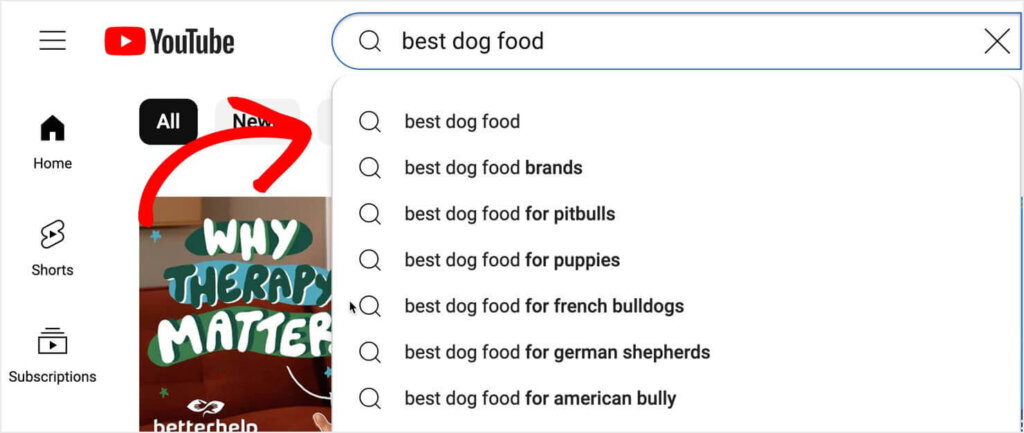 YouTube's search bar with "best dog food" types in. Automatic suggestions include "best dog food brands," "best dog food for pitbulls," and "bet dog food for puppies."