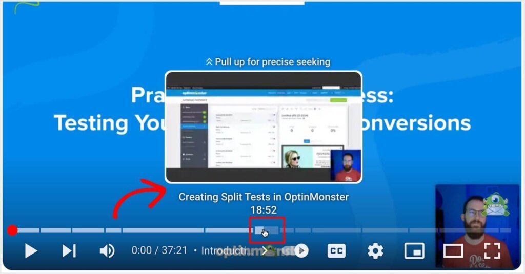 Screenshot of a YouTube video featuring chapters along the video timeline. The chapter currently highlighted is titled 'Creating Split Tests in OptinMonster' at the 18:52 timestamp.