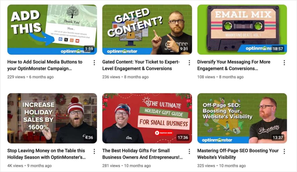 OptinMonster YouTube thumbnails. Most of them include the host's face, and they all include bright contrasting colors and bold text.