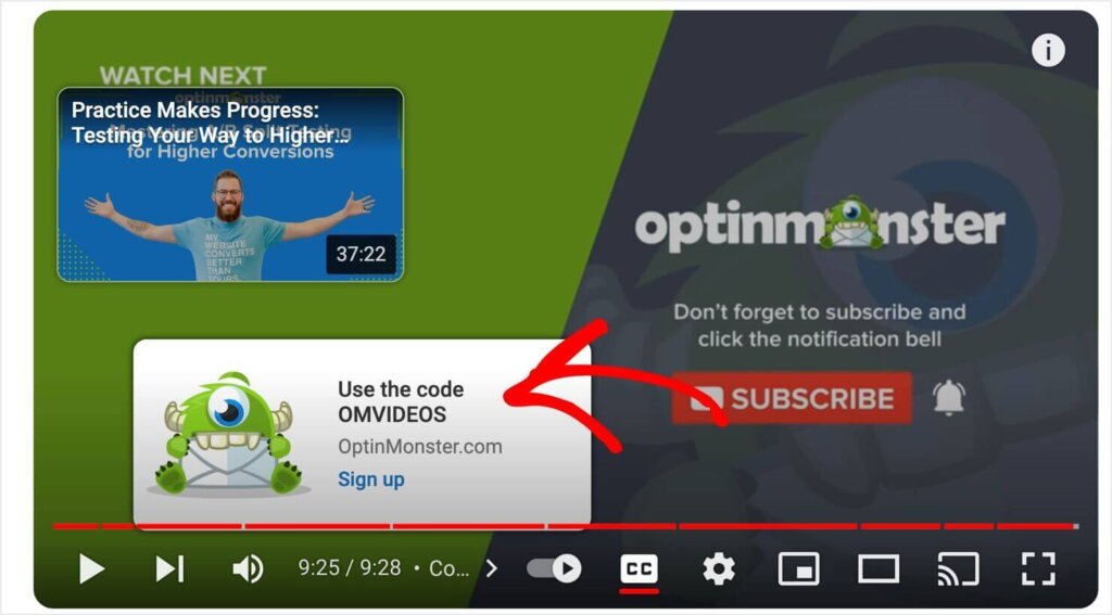 End Screen for an OptinMonster video. It includes a link that says "Use the code OMVIDEOS. OptinMonster.com. Sign Up"