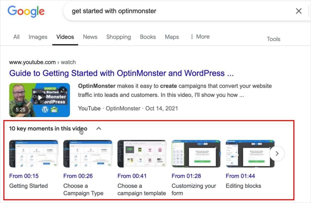 A Google video search page where the first result in a YouTube video from OptinMonster. The search result has been expanded to show "10 key moments in this video."