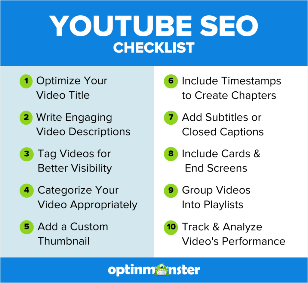 OptinMonster's YouTube SEO Checklist:
Optimize Your Video Title

Write Engaging Video Descriptions

Tag Videos for Better Visibility

Categorize Your Video Appropriately

Add a Custom Thumbnail

Include Timestamps to Create Chapters

Add Subtitles or Closed Captions

Include Cards and End Screens

Group Videos Into Playlists

Track & Analyze Your Video's Performance