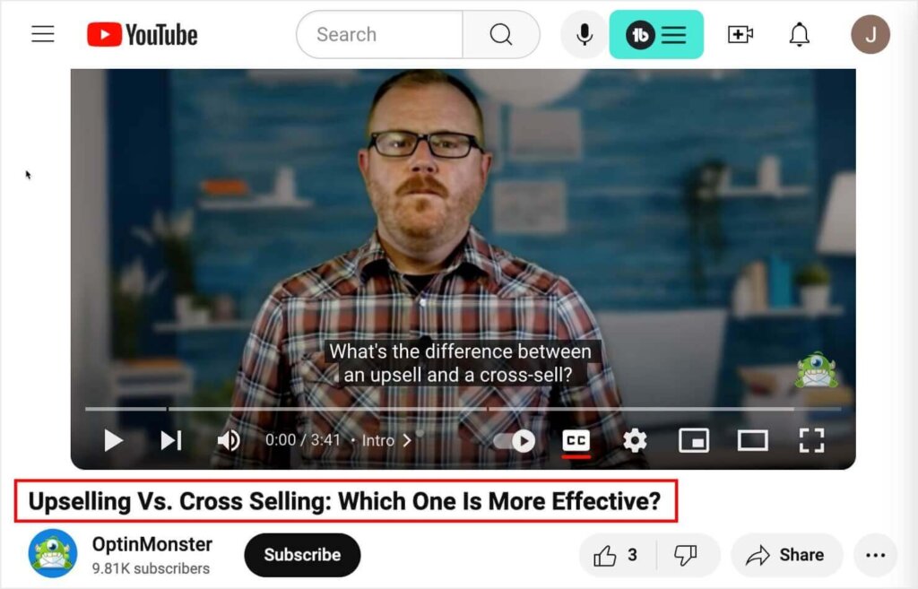 An OptinMonster YouTube video with the title "Upselling Vs. Cross Selling: Which One Is More Effective?" The title is optimized for SEO.