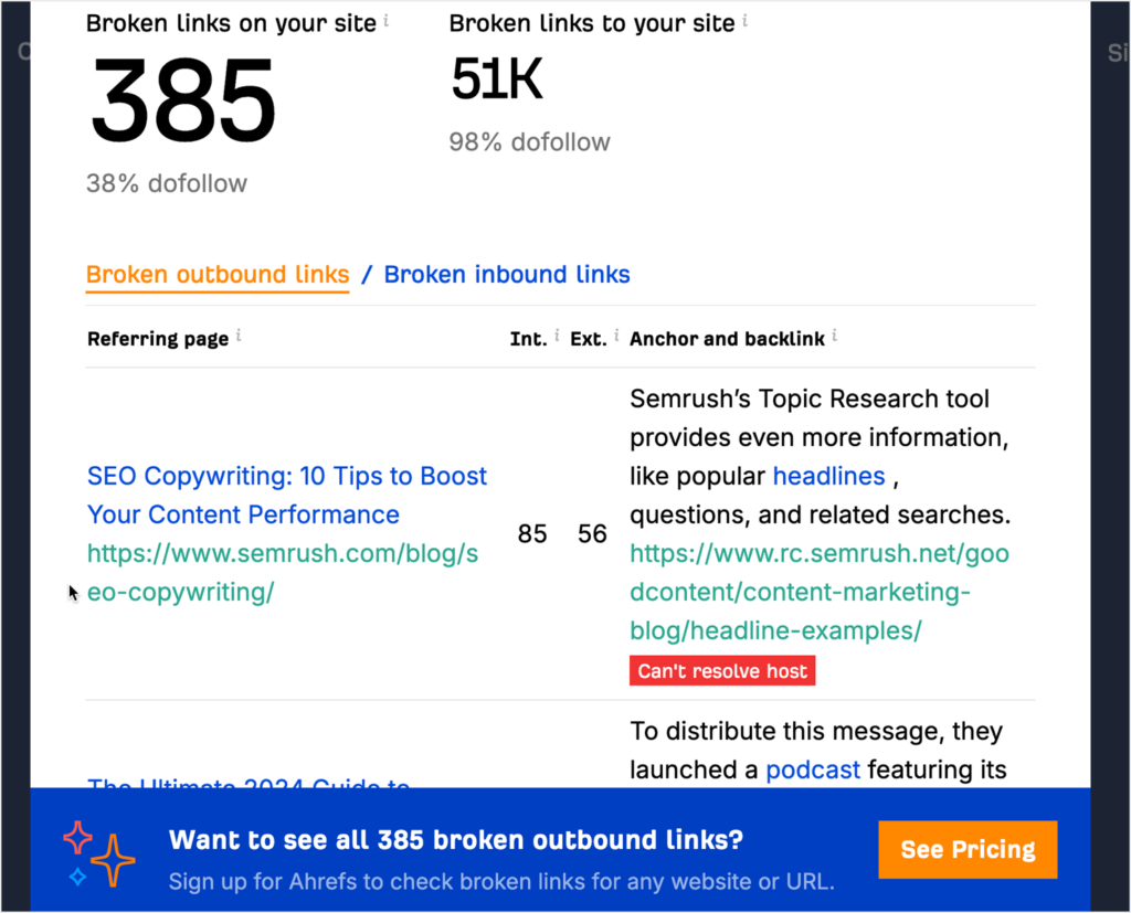 A broken link report from Ahref's free broken link checker.