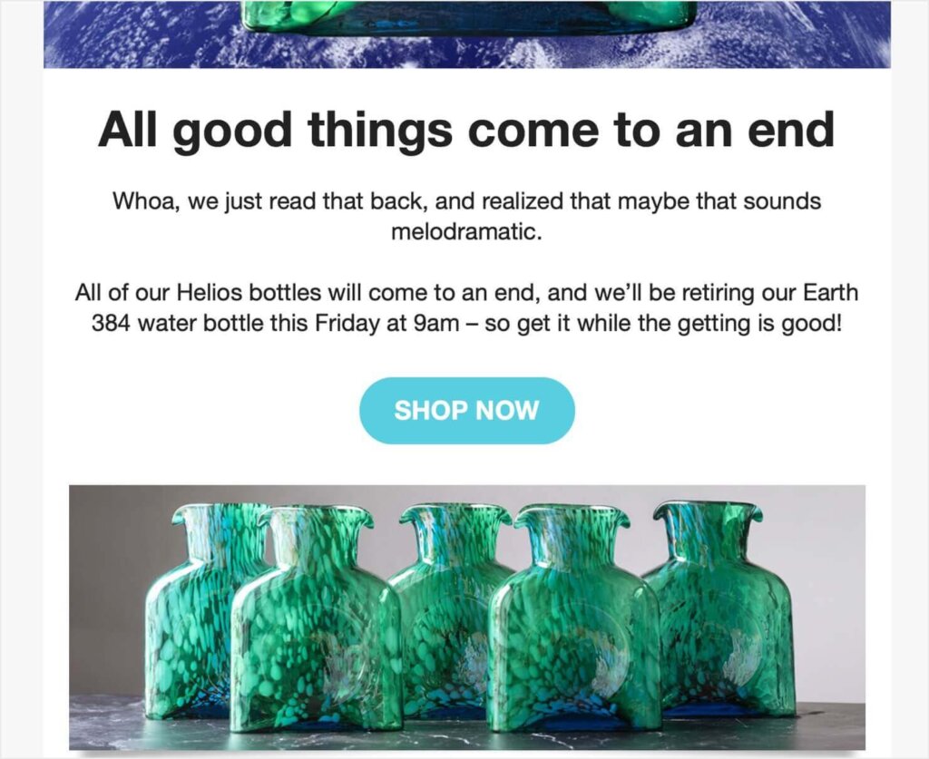 Blenko email marketing campaign with the heading "All good things come to an end." The text informs subscribers that they need to order their Earth 384 water bottle by this Friday at 9 am. There's a "Shop Now" button and a product photo.