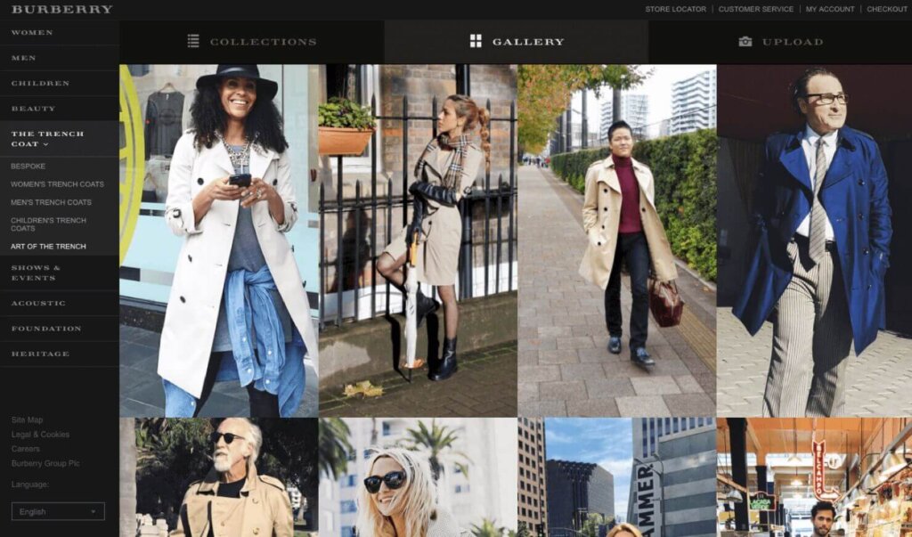 Screenshot of Burberry's website, showing a user-generated content gallery of photos of customers wearing Burberry trench coats