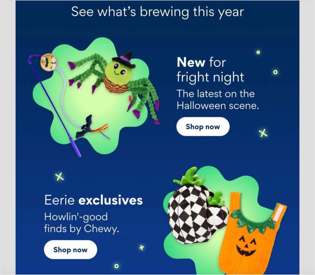 Chewy's email marketing campaign, includes images and links for popular Halloween-themed products, under the heading "See what's brewing this year."