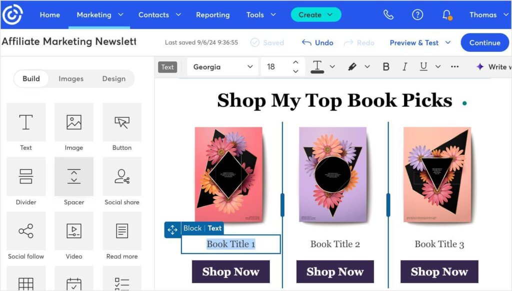 Screenshot of Constant Contact's email editor. It shows an email that says "Shop My Top Book Picks" with links to different books, making Constant Contact a great affiliate marketing tool.