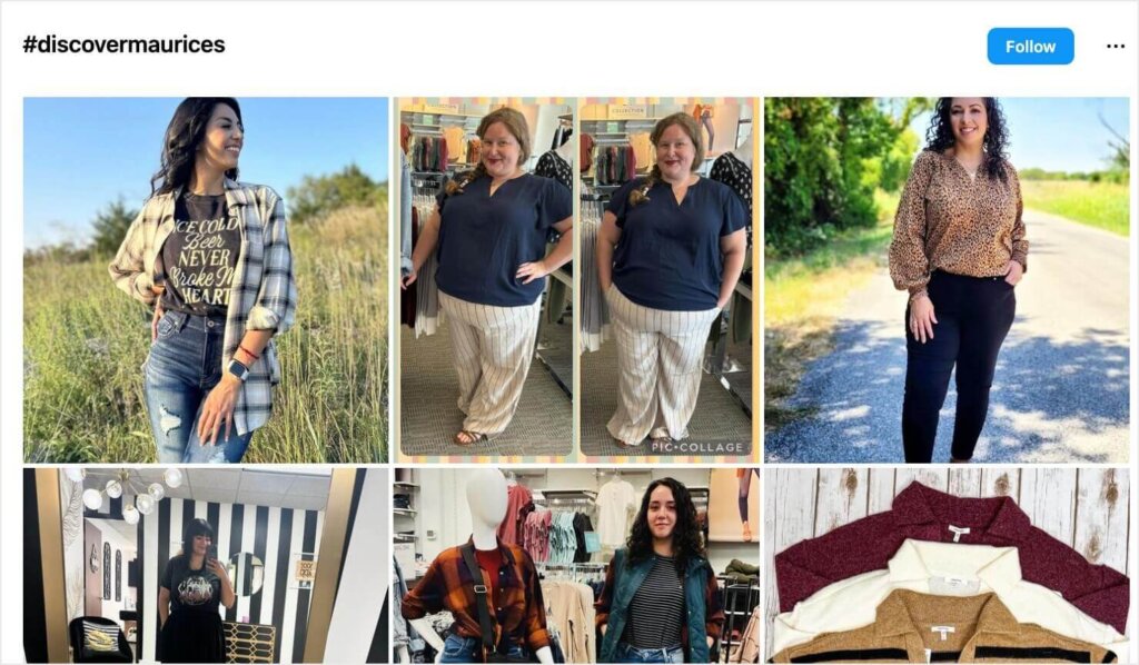 Instagram feed for the hashtag #discovermaurices. It shows a variety of user-generated content photos of customers wearing Maurices clothing.