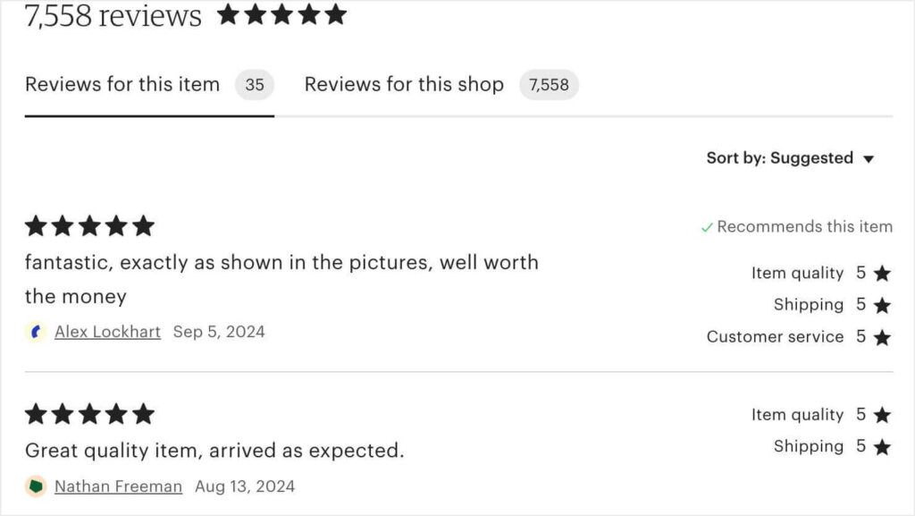 Reviews on an Etsy product page. There are 2 tabs: "Reviews for this item" and "Reviews for this shop."