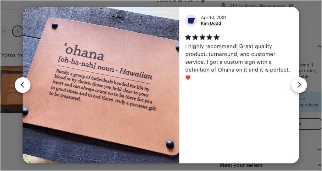 An Etsy review for a customized leather sign. It includes a photo of the  product the customer received.