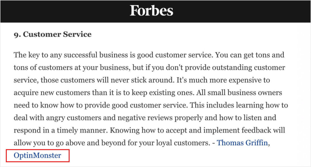 A screenshot of a Forbes article. It contains a quote about the importance of customer service. The quote is signed "Thomas Griffin, OptinMonster," and is backlinked to OptinMonster's website.