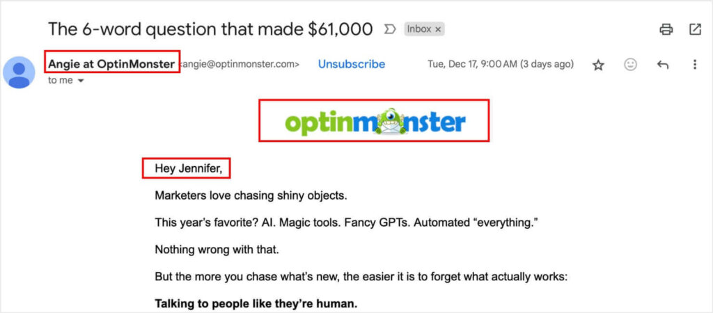 OptinMonster email where the sender name is "Anger from OptinMonster," the OptinMonster logo is at the top of the email, and the recipient's first name in is the greeting. 