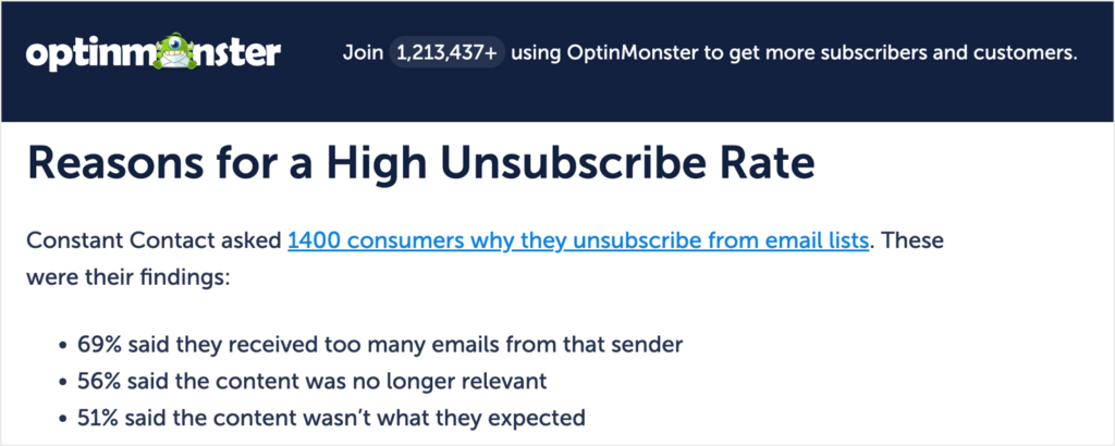 OptinMonster blog post that uses outbound link building. It says "Constant Contact asked 1400 consumers why they unsubscribe from email lists. These were their findings: (Bulleted list of statistics)."

The text "1400 consumers why they unsubscribe from email lists" is a hyperlink to the Constant Contact's survey report.