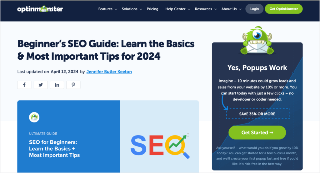 Screenshot of an OptinMonster pillar post called "Beginner's SEO Guide: Learn the Basics & Most Important Tips for 2024."