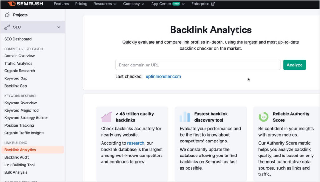 Semrush's Backlink Analytics dashboard. In the left menu, there's a section of Link Building tools.