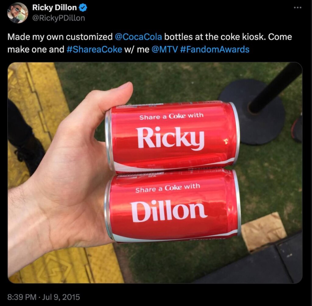 Tweet from Ricky Dillon. There's a photo with Coca-Cola cans that say "Ricky" and "Dillon." The tweet says "Made my own customized @CocaCola bottles at the coke kiosk. Come make one and #ShareaCoke w/me @MTV #FandomAwards."