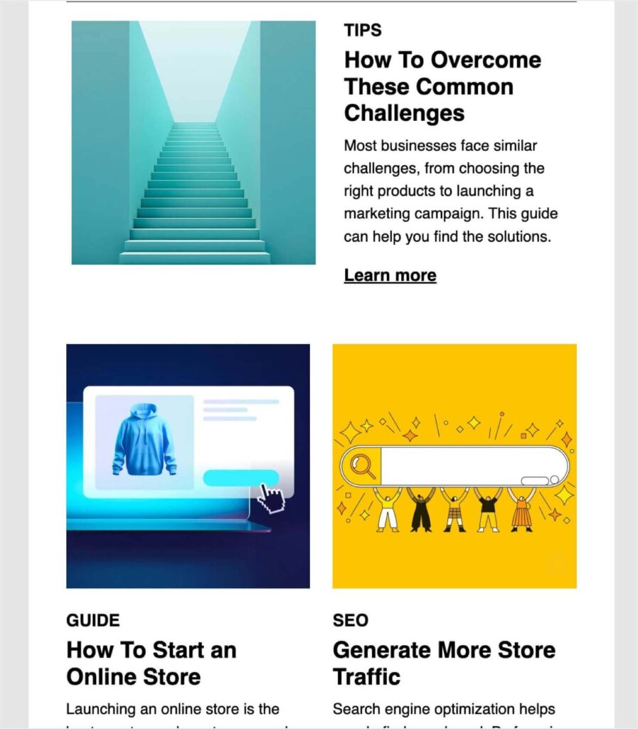 Email campaign from Shopify. It includes a gallery of linked blog posts. For each post, there's an image, category, title, brief description, and "Learn more" button.