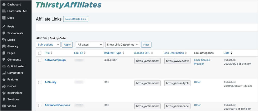 ThirstyAffiliate's dashboard in WordPress. It shows a list of cloaked affiliate links, a vital tool for affiliate marketers.