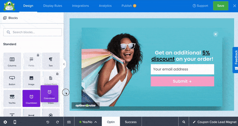Animated image of OptinMonster's drag-and-drop builder. It shows a user draging a countdown timer into a coupon popup campaign.