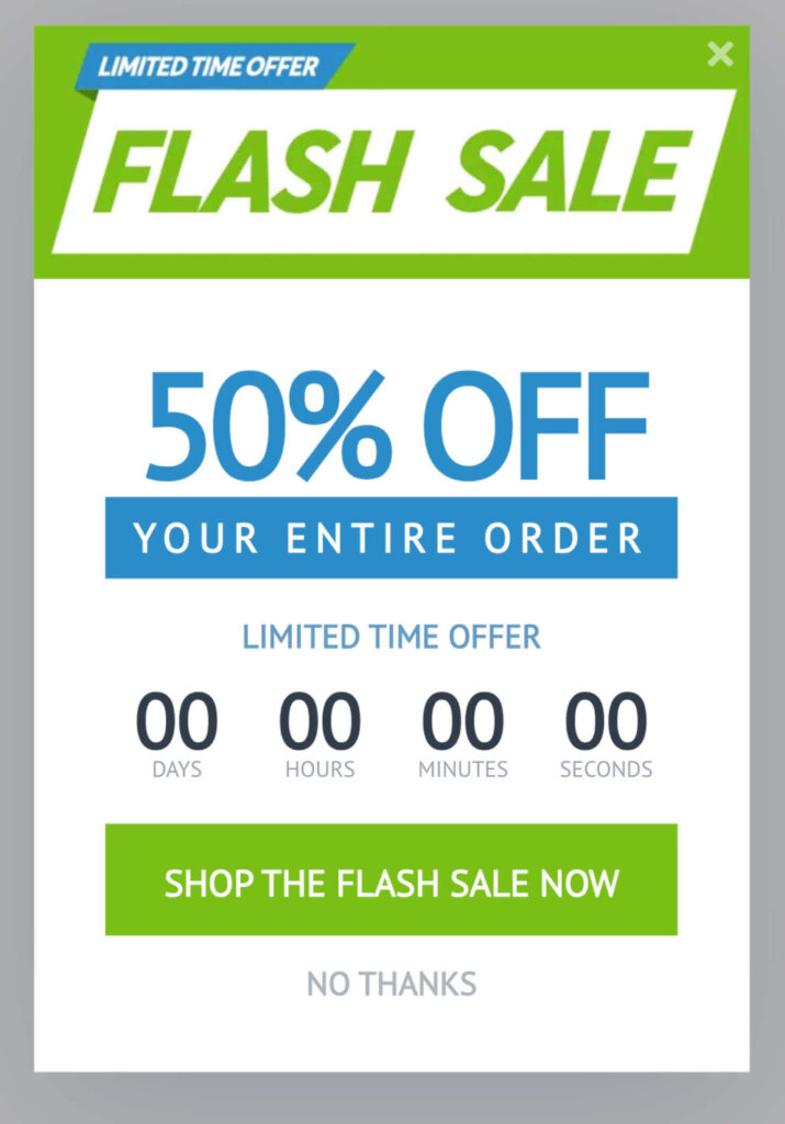 OptinMonster mobile template for flash sale. In offers 50% off your entire order and includes a countdown timer. The CTA button says "Shop the Flash Sale Now."