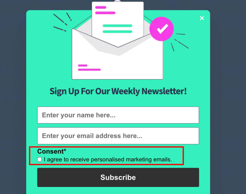 A GDPR popup to sign up for a weekly newsletter. There's also a consent checkbox for "I agree to receive personalised marketing emails."