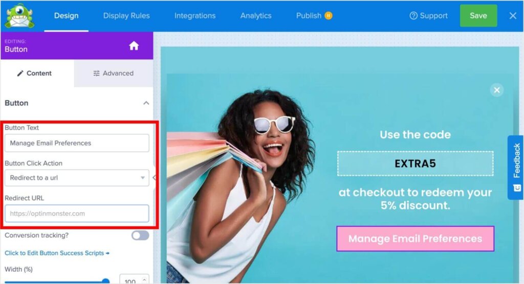 An popup being edited in OptinMonster drag-and-drop builder. A button is selected, which opens up settings in the left menu. In that menu, there are fields for Button Text (which says "Manage Email Preferences"), Button Click Action (which is set to "Redirect to a url"), and "Redirect URL", where you can enter the webpage you want the button to go to.