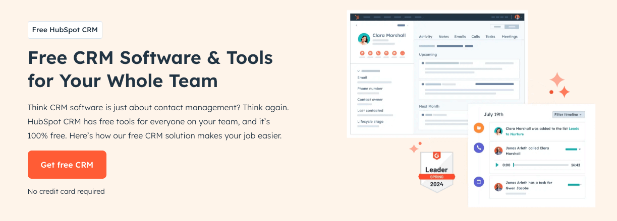 Homepage for HubSpot's free CRM software. 