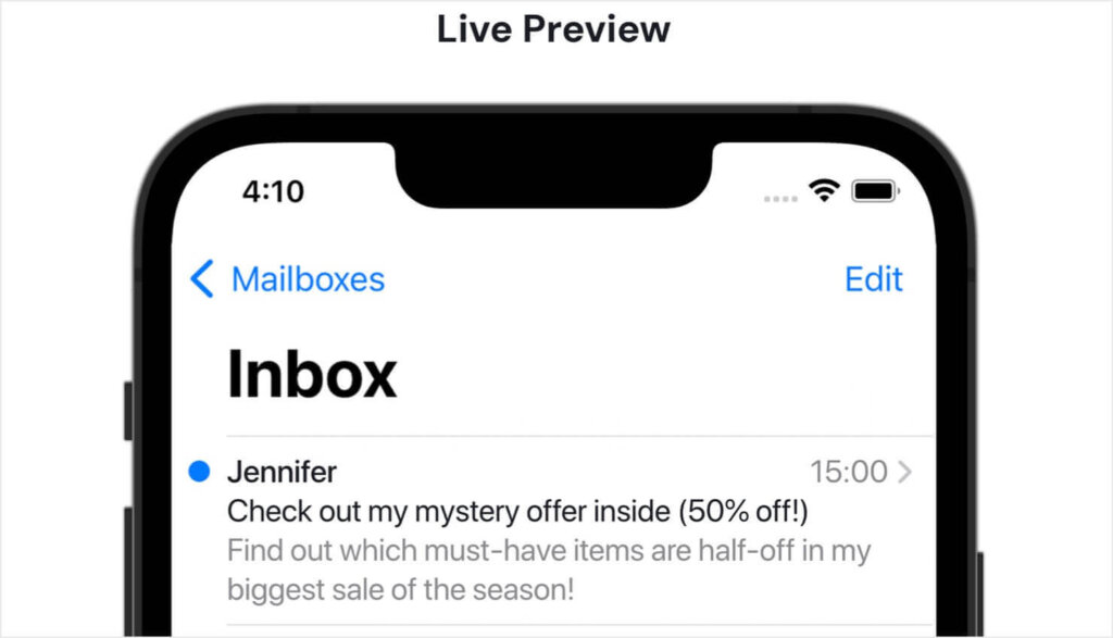 EmailToolTester's Live Preview of how a sender name, subject line, and preview text will look on an iPhone 14.