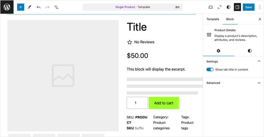 Screenshot of using WordPress's Site Editor to customize a WooCommerce product page