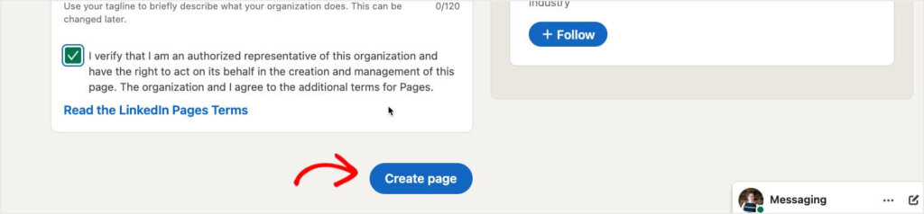 "Create page" button at the bottom of the LinkedIn company page form.