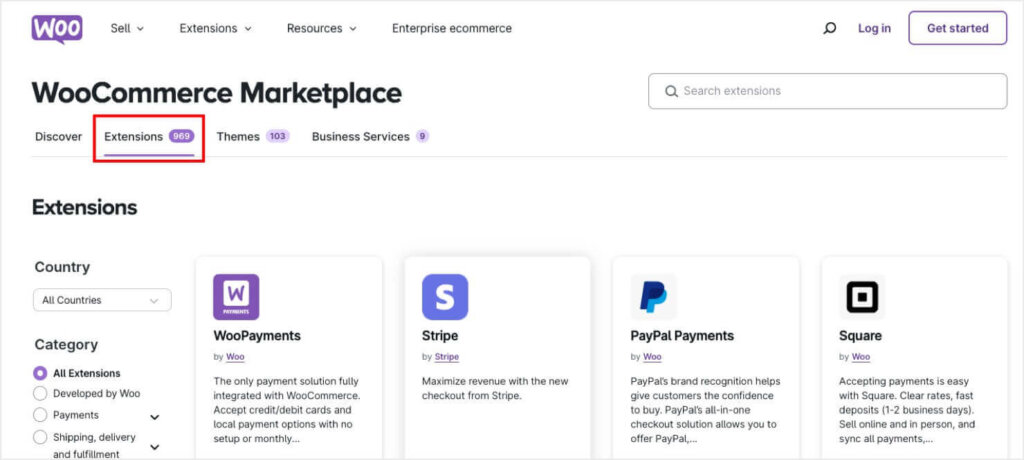 Screenshot of Extensions in the WooCommerce Marketplace.