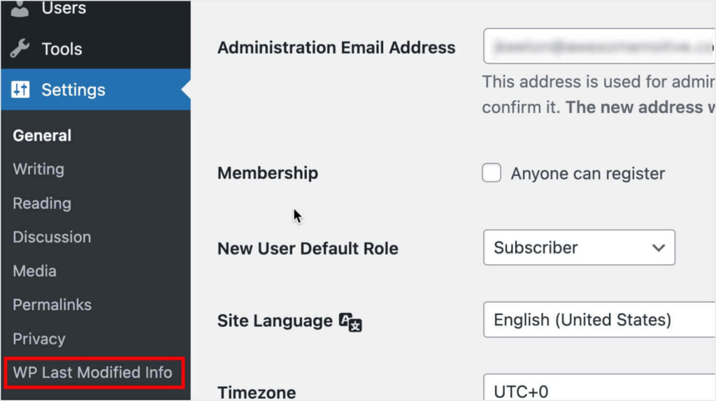 In the WordPress dashboard, "Settings" is selected in the left menu. This expands a submenu which include "WP Last Modified Info."