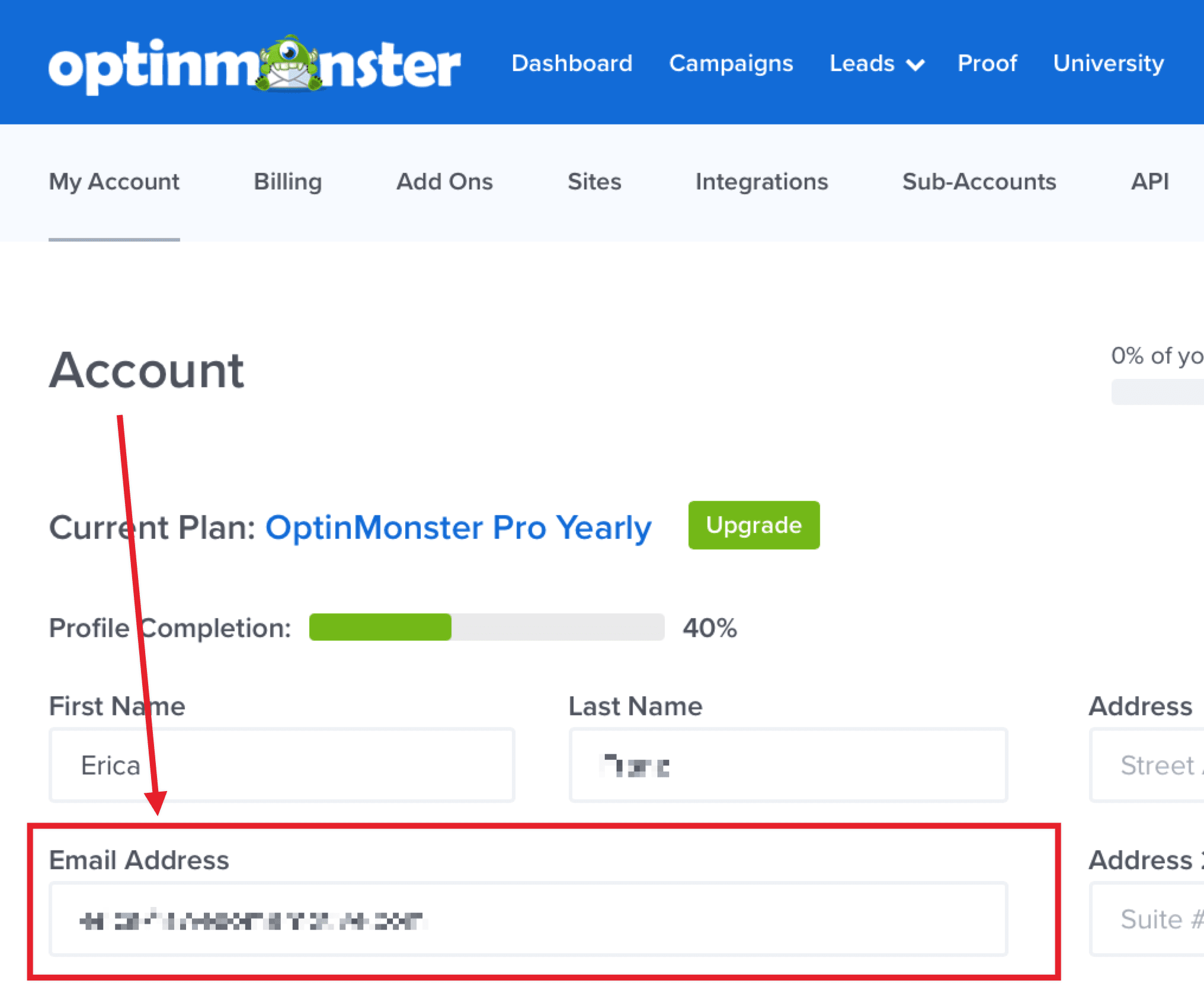 Enter the new email address for your OptinMonster account into the appropriate field and save the change.