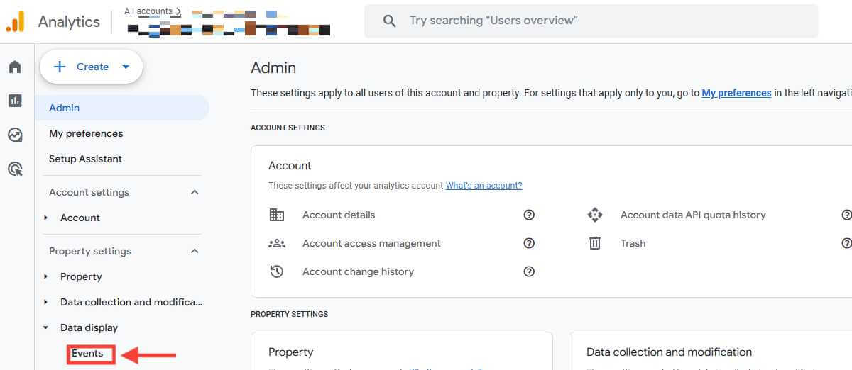 In the Admin column, cliick Events under Data Display