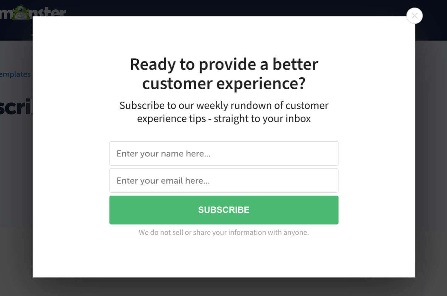 OptinMonster popup template with a heading, subheading, fields for name and email address, and a "Subscriber" button.