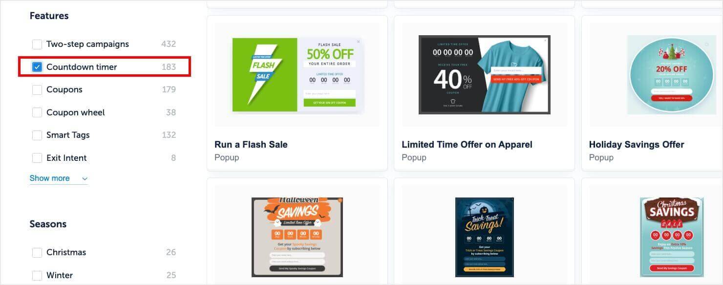 Screenshot of OptinMonster's template library. In the left menu under "Features," "Countdown timer" is selected. In the main section of the page, you can see a variety of popup template options that include countdown timers.
