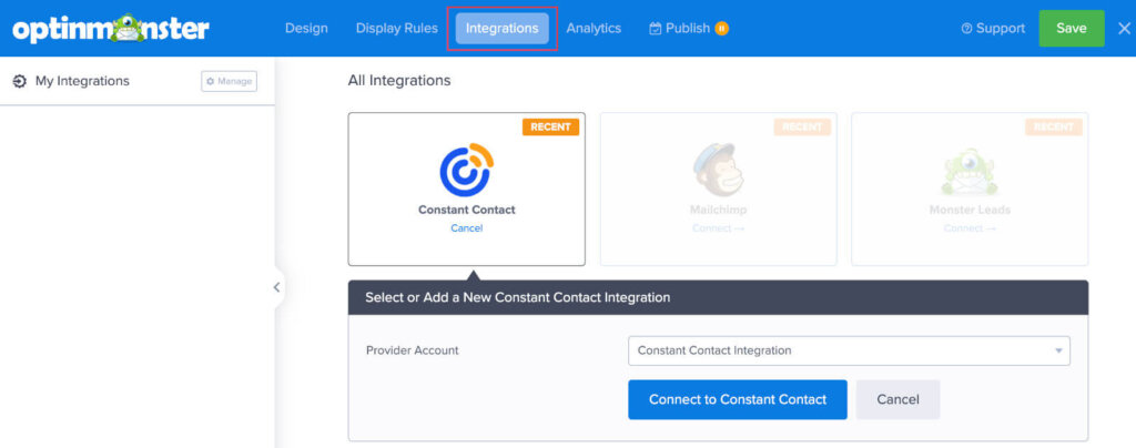 Choose email marketing integration Constant Contact - OptinMonster Choose email marketing integration Constant Contact