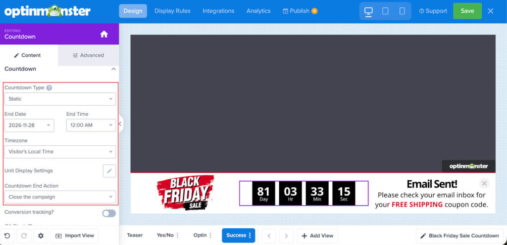 Countdown clock end action - OptinMonster Countdown clock end action
